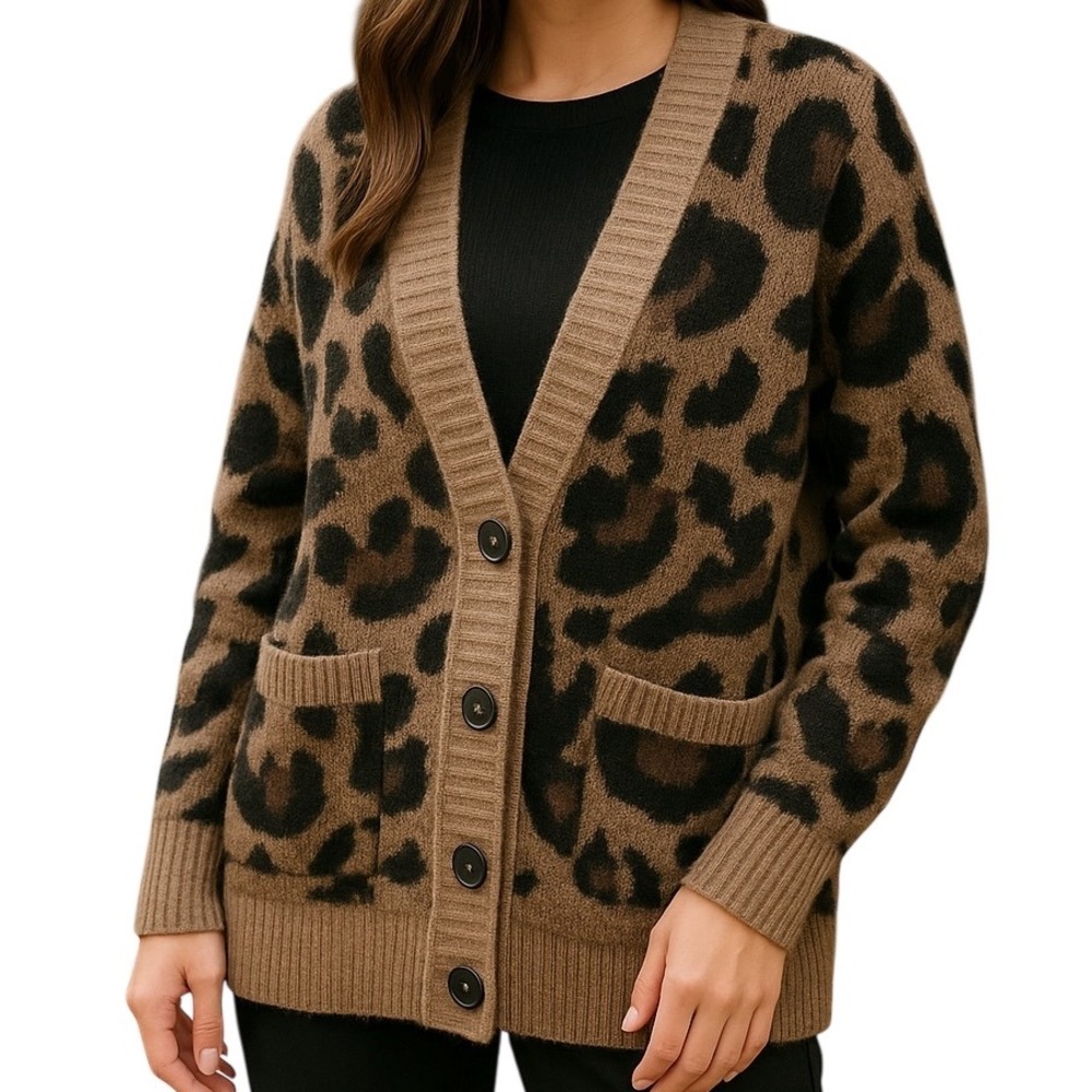 Allison Joy Leopard Print Cardigan Sweater Women's Large Button Front Cozy Knit - Picture 6 of 16